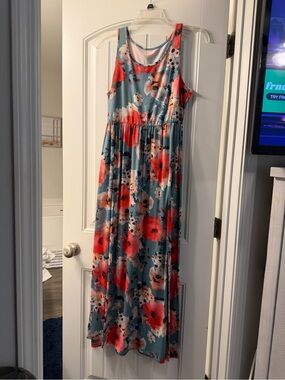 Blue Floral Maxi Dress with Coral Blooms